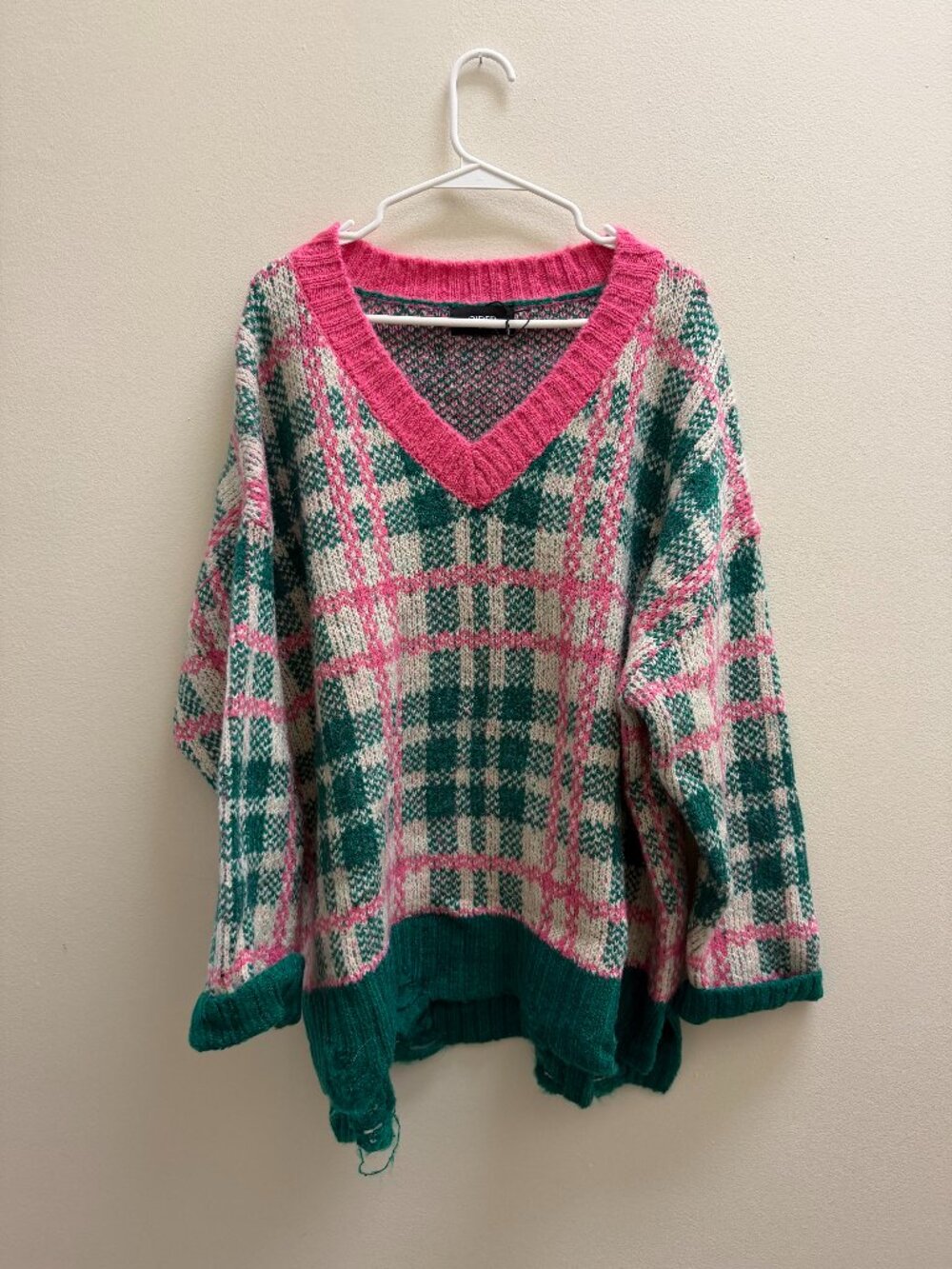 Cider Pink Green Plaid Oversized V-Neck Sweater XL